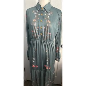 Vintage Floral‎ Maxi Dress Long Sleeve Collared Button Up Teal Green Tier Ruffle